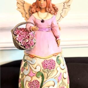 Jim Shore Pink Angel with Floral Basket and Gold Accents
